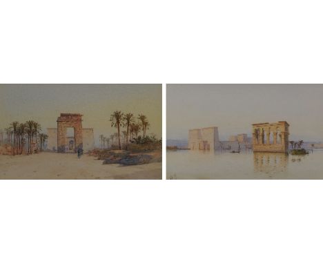 Spyridon Scarvelli, Greek 1868-1942- Views of Philae & The Gate of Ptolemy III at Karnak; watercolours, a pair, ea. signed, e