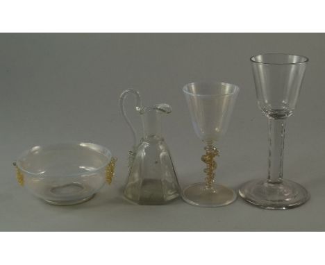 A Venetian glass opalescent bowl, late 19th/20th century, on pedestal foot, moulded with cherub mask handles, with adventurin