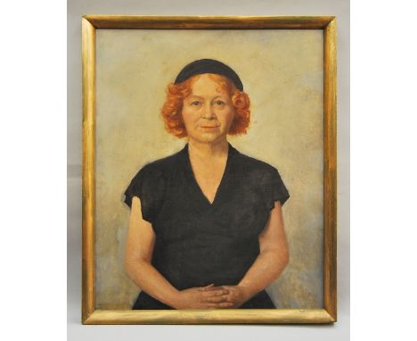 Attributed to David Shanks Ewart, British 1901-1965- Portrait of a lady with auburn hair and a black hat; oil on canvas, 73.3