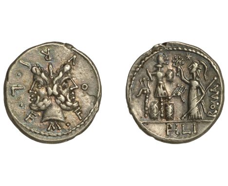 Roman Republican Coinage, M. Furius L.f. Philus, Denarius, Rome, c. 119, laureate and bearded head of Janus, m fovri l f arou