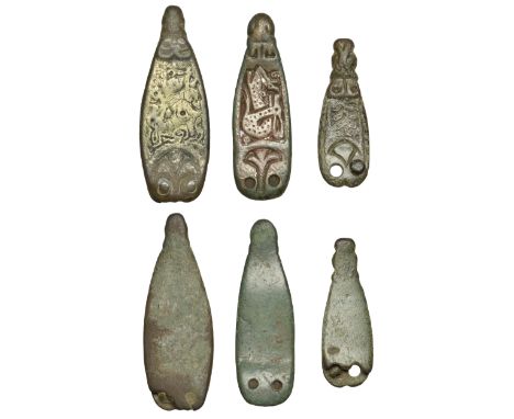 Anglo-Saxon, 9th-10th century, bronze strap ends (3), first with Trewhiddle style quadruped in a rectangular panel with an an