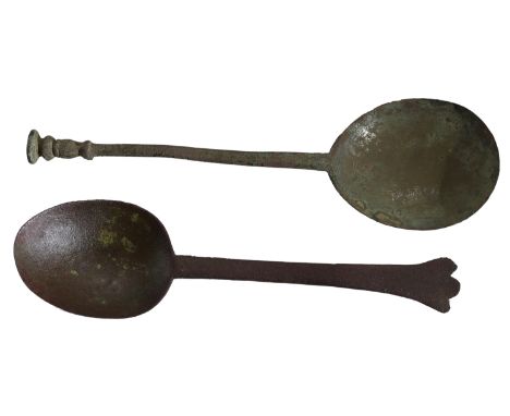 17th century, a latten seal top spoon, c. 1620-30, with pear-shaped bowl stamped with a small shield containing the maker’s m