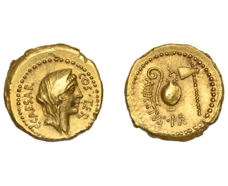 Roman Imperatorial Coinage, Julius Caesar, Aureus, Rome, 46, veiled head of Vesta right, c caesar cos ter, rev. a hirtivs pr 