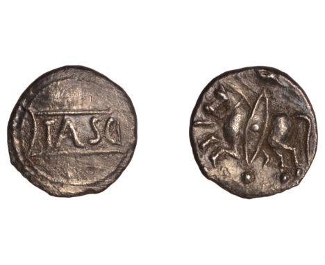 British Iron Age, CATUVELLAUNI, Tasciovanus, Unit, Cavalryman type, tasc in panel within plain field, rev. warrior on horseba