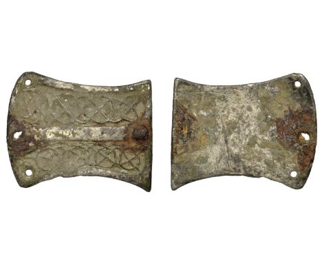 Anglo-Saxon, 8th cent, a gilt bronze rectangular shaped connecting mount, intricate chip-carved interlace design, divided by 