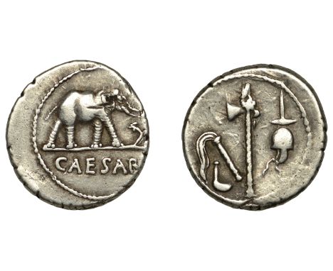 Roman Imperatorial Coinage, Julius Caesar, Denarius, military mint travelling with Caesar, 49-8, elephant walking right, tram