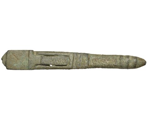 14th century, bronze folding tumbrel or coin scales, zoomorphic terminal, square pan marked with an X, 7.5 x 1.1 cm, 15.50g. 