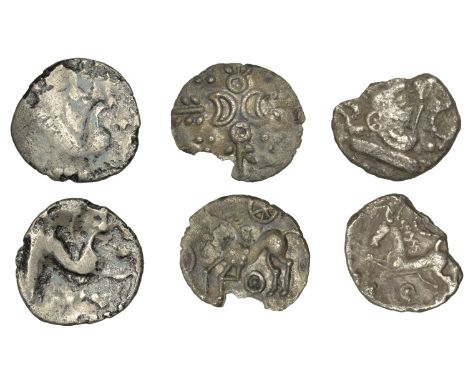 British Iron Age, REGINI, Uninscribed issues, silver Unit, Sussex helmet type, helmeted head left, rev. horse left, double ri