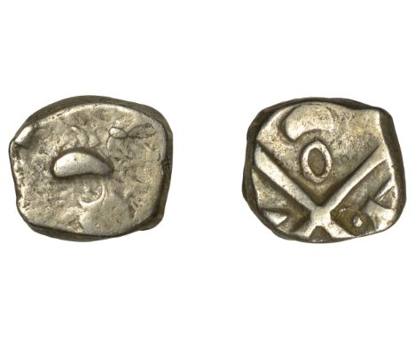 Continental Iron Age, VOLCAE-TECTOSAGES, silver Drachm, stylised head with flowing hair left, rev. cross with loop, axe, and 