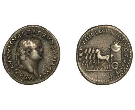 Roman Imperial Coinage, Titus, Denarius, 79, laureate bust right, imp titvs caes vespasian avg pm, rev. trp viiii imp xiiii c