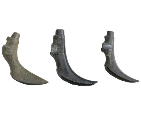 Medieval, 15th century bronze Laver pouring spouts (3), all in the form of a moulded dog’s head with upright fluted ears [3].