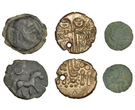 British Iron Age, Early Uninscribed series, Stater, British D [Cheriton type], degraded head of Apollo right, rev. tall horse