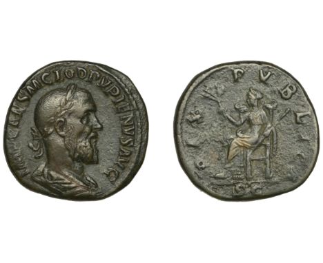 Roman Imperial Coinage, Pupienus, Sestertius, 238, laureate and draped bust right, rev. Pax seated left, holding olive branch