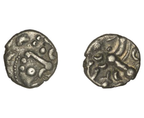 British Iron Age, DOBUNNI, silver Unit, Cotswold Eagle type, moon head right with annulets for hair, large boss on chin, stal
