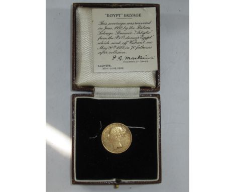 A GOLD SOVEREIGN RECOVERED FROM THE WRECK OF THE P&amp;O LINER EGYPTminted 1861 and contained in plush-lined box with certifi