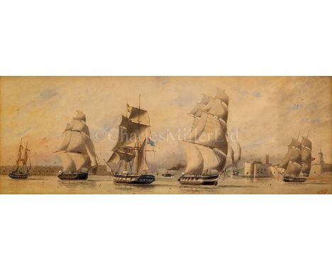 WILLIAM EDWARD ATKINS (BRITISH, 1842-1910)A First Rate Firing a Salute by The Citadel Portsmouth; Fifth Rates of The Royal Na