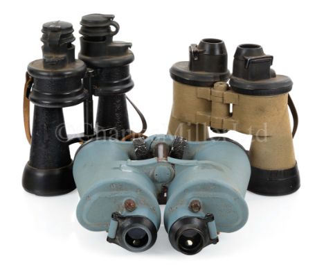 THREE PAIRS OF KRIEGSMARINE BINOCULARScomprising: 7 x 50 fixed focus submarine type with green tube and code for Zeiss under 