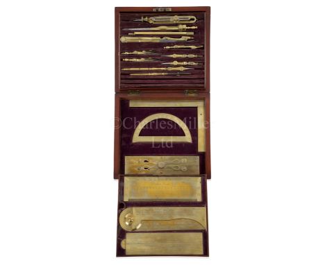 A FINE DRAWING SET BY DOLLOND, LONDON, CIRCA 1790the top tray with brass and steel drawing instruments including proportional