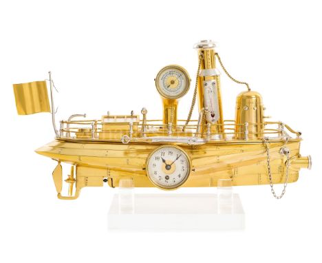 A NOVELTY TORPEDO BOAT DESK COMPENDIUM BY ANDRE GUILMET, PARIS, CIRCA 1880the stylised hull with clock, aneroid barometer in 