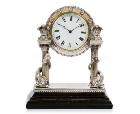 A DECORATIVE SILVER MANTLE CLOCK PRESENTED TO THE OFFICERS' WARDROOM OF THE R.Y. OSBORNE, CIRCA 1892the 3½in. enamelled dial 