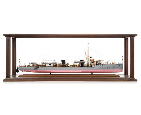 A FINE 1:48 SCALE BUILDER’S STYLE MODEL OF THE RIVER CLASS TORPEDO BOAT DESTROYER BOYNE [1904]the carved 54in. hull with bilg