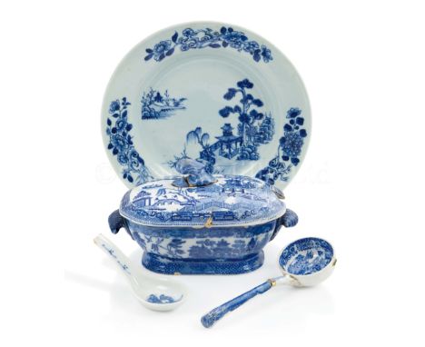 NANKING BLUE AND WHITE PORCELAIN comprising a willow pattern plate -- 9¼in. (23.5cm) diameter, and a small covered tureen wit