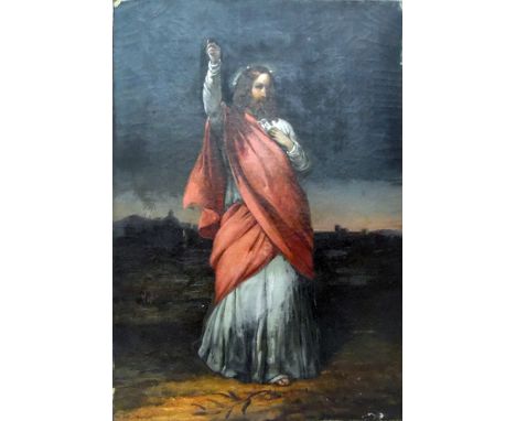 19th century English school Oil on canvas Jesus in landscape with hand aloft in the sign of Peace, inscribed verso 'I am come