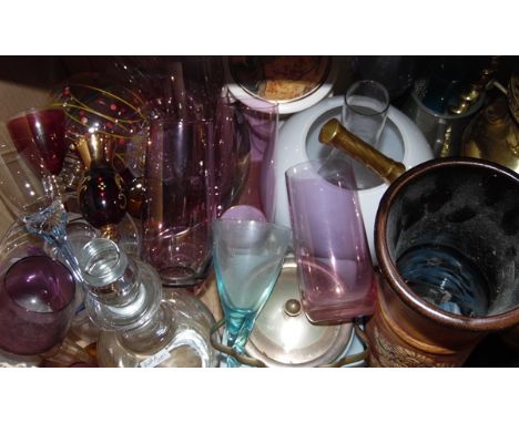Quantity of assorted glassware, brass paraffin lamp, brass fireside companion, assorted ceramics, oval mirror within a teak f