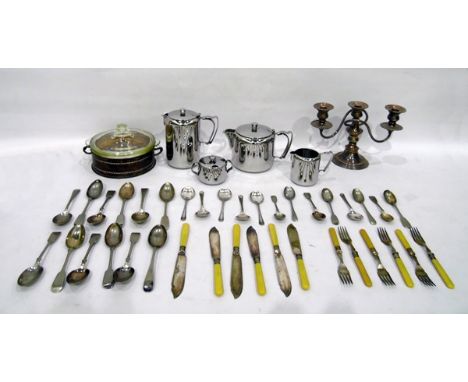 Quantity of EPNS to include candelabrum, table flatware, stainless steel tea service, etc (2 boxes) 