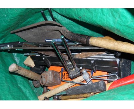 Bag of assorted and other tools including vice, two spades, axe, saw, etc 