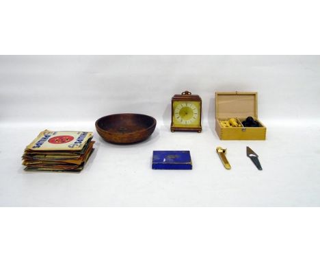 Modern Junghans Ato-Mat mantel clock, a boxed set of wooden chess pieces, a wooden carved bowl, 45rpm records and other items