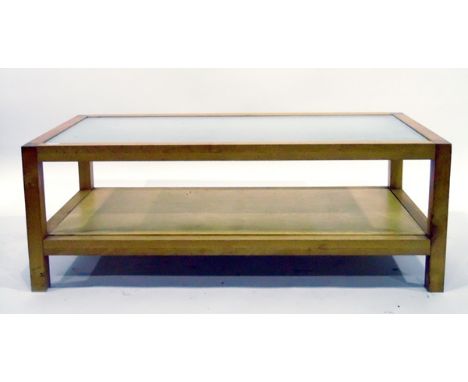 Modern rectangular-top coffee table with frosted glass panel, on square supports to undershelf, length 110cm, a white painted