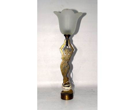 1920s brass-finish metal table lamp modelled as a two-dimensional nude female supporting a glass flower shaped shade, 40.5cm 