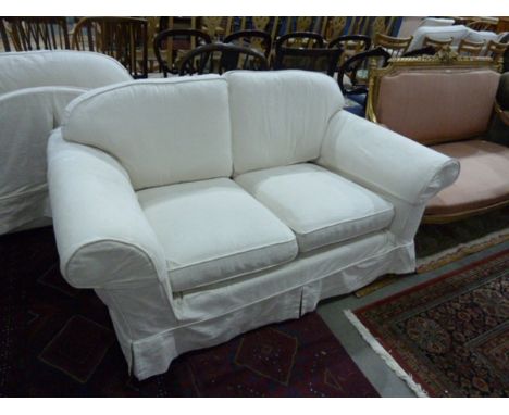 Laura Ashley two-seater sofa and matching armchair in cream damask, loose covers 