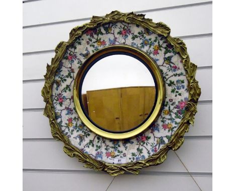 Burleighware Burgess & Leigh Ltd ceramic and gilt metal wall mirror, circular with convex glass, bird and floral branch decor