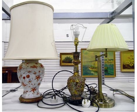 Assorted table lamps to include Chinese ceramic vase with cover turned lamp, Oriental metalware table lamp and five others 