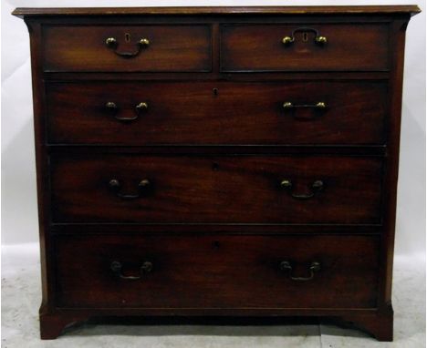 Georgian mahogany straight front chest of two short and three long graduated drawers, with brass swan neck handles, chamfered