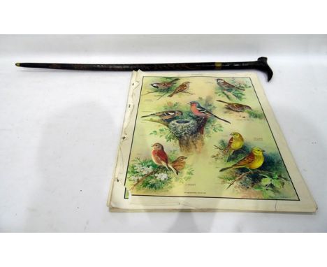 Antique Asian carved wood swordstick with carved mask handle, various prints after Roland Green and a 20th century rolled pri