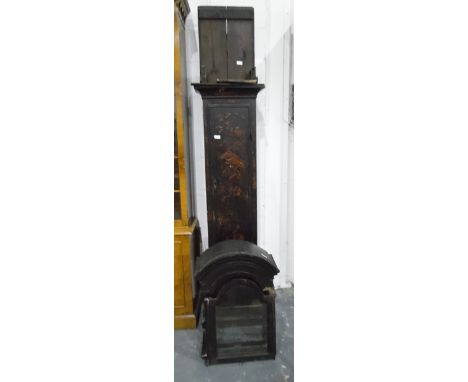 18th century chinoiserie lacquered case for a longcase clock, with arched hood, long trunk door, box base, raised on a plinth