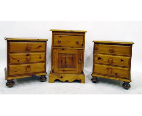 Pair of pine bedside chests with moulded edged top, three drawers, on bun feet, width 48cm and a small pine side cupboard wit
