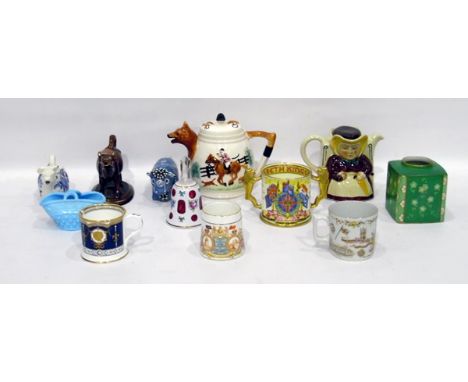 Quantity of commemorative mugs to include Royal Worcester, Paragon, novelty teapots, cow creamer and other items 