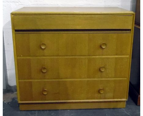 Meredew light oak dressing chest of four long drawers, three with circular handles and lift-up mirror in top drawer, 91cm wid