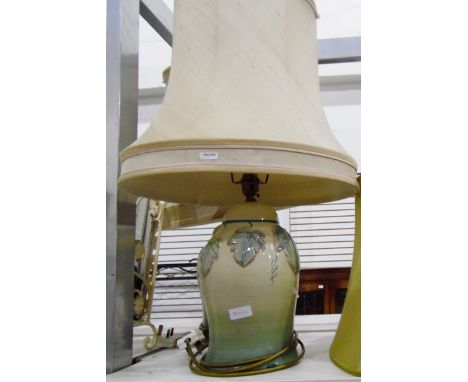 Pair of ceramic table lights, C King pottery, Malmesbury, ovoid shape with vine leaves and matching silk shades and a brass c