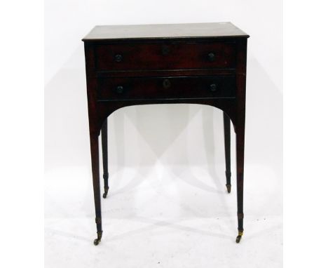 19th century inlaid mahogany side table, the top crossbanded with bead edge, fitted one deep and one shallow drawer, with bra