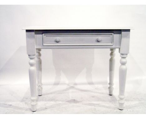 19th century style white painted rectangular-top side table, with moulded edge, frieze drawer, on turned legs, width 91cm 