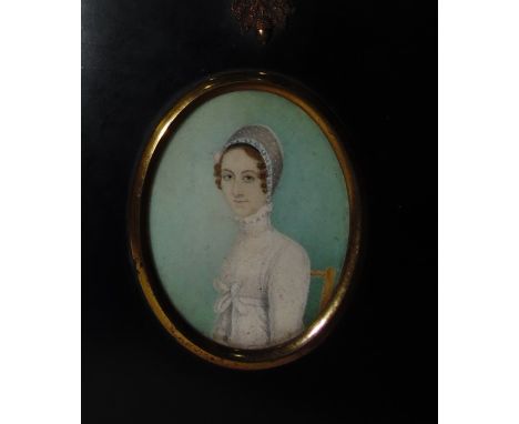 19th century portrait miniature "Miss C Yorke (Wee Ann Newsaw)", half-length portrait, dated 12/1844 verso, oval, 7cm x 5.5cm