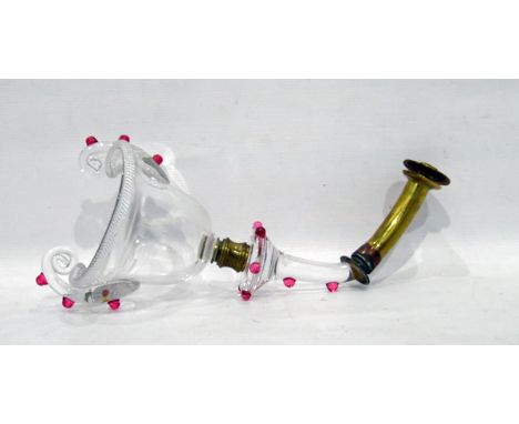 Victorian cranberry, clear glass and brass light sconce, the clear cup with rope border, applied with cranberry prunts 