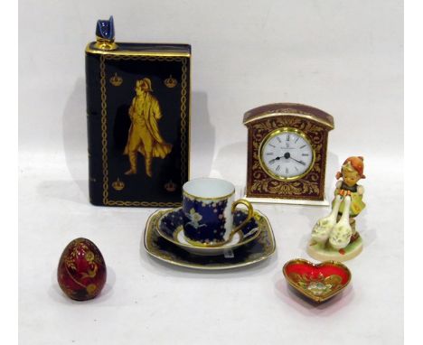 Royal Doulton ceramic mantel clock, Hummel figure, modern Faberge red glass egg, German cup and saucer and other items