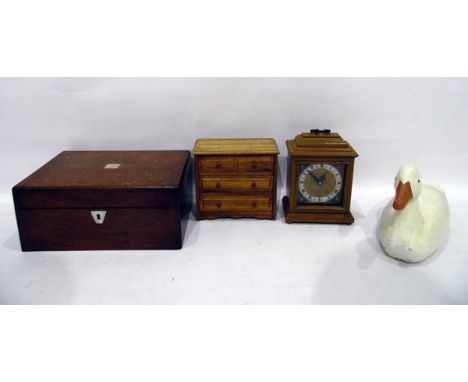 S Myott, London, Stradlings of Cirencester mantel clock, a miniature chest of drawers, a wooden box and a wooden duck (4)