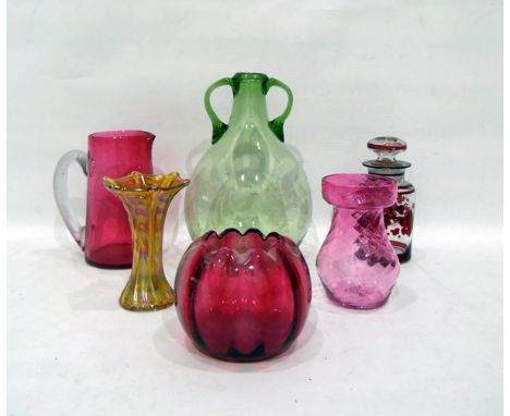 Quantity of coloured glass to include green glass two-handled bottle, some ruby glass and other items (6) 